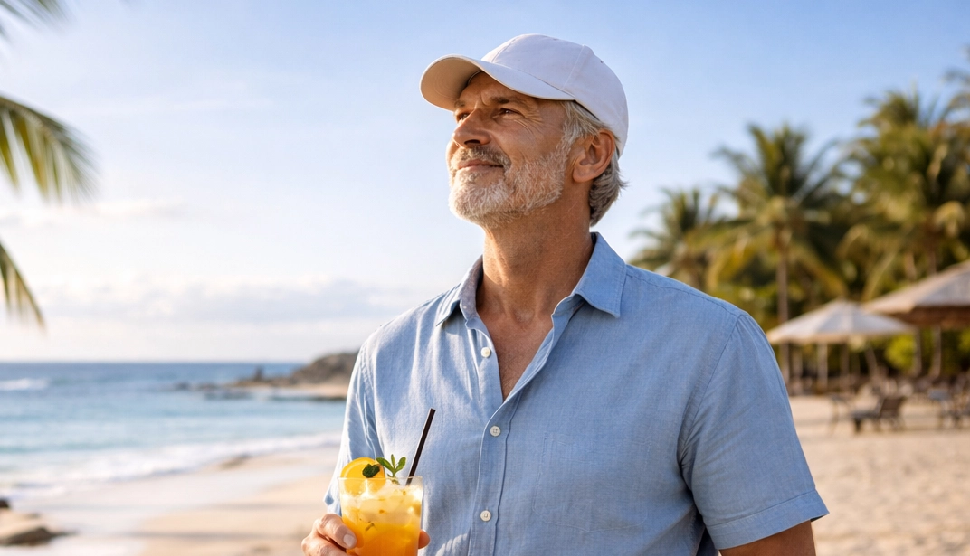 Man on beach with drink