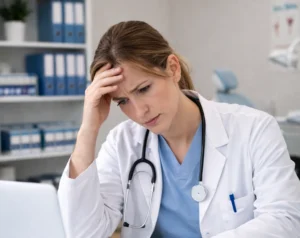 Female doctor with head in hand