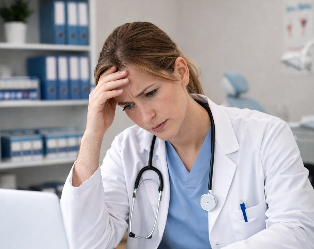Female doctor with head in hand