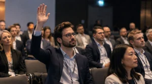 man raising hand in crowd